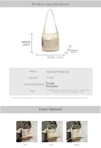 Detailed size guide and color options for embroidered jacquard shoulder bucket bag