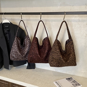 Leopard Print Suede Tote Bag Large Capacity Retro Shoulder Handbag Korean Style Commuter For Women