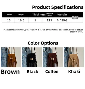 Guide des tailles et coloris du sac bandoulière vintage à franges en suédine
