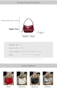 Détails du sac à main en cuir PU brillant montrant les dimensions et quatre couleurs disponibles