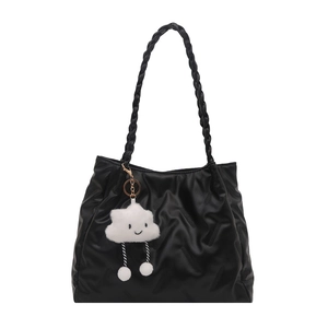 Large black tote bag with woven handles and white cloud charm for casual daily use