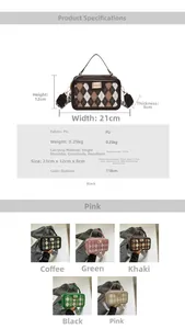 Detailed dimension guide for the textured plaid crossbody bag with size and strap specs