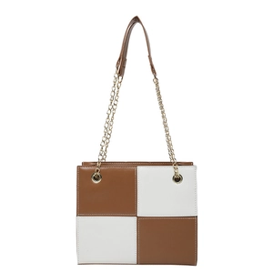 Sac bandoulière carré à damier marron et blanc avec chaîne dorée et cuir synthétique