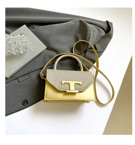 Detail of crossbody bag with golden T-buckle, glitter flap and ginger leather texture