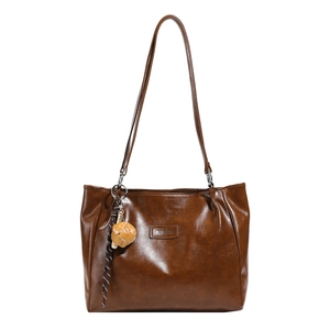 Brown faux leather tote bag with fashion patch, cartoon charm and striped silk scarf