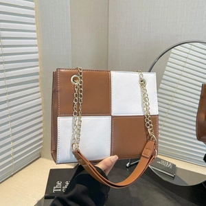 Minimalist square checkered backpack with brown and white color-block and gold chain strap