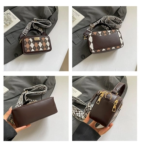 Detailed four-way view of diamond pattern crossbody bag with wide jacquard strap