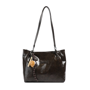 Deep brown large capacity faux leather tote bag with fashion tag and baseball charm