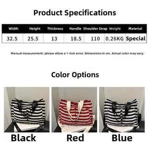 Detailansicht der Canvas-Einkaufstasche mit Maßen und Farboptionen in Schwarz Rot und Blau