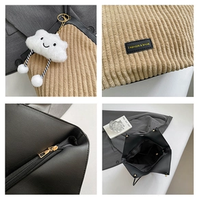 Detail view of khaki corduroy texture, PU leather panels, and plush cloud keychain
