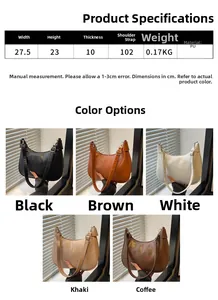 Size chart and dimensions for the PU leather crescent underarm bag in various colors