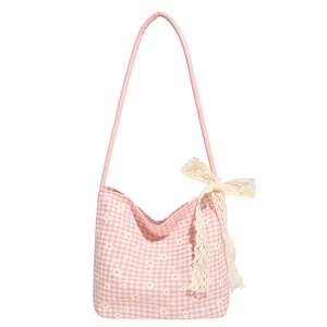 Pink and white plaid tote bag with floral patterns and a cream lace bow decoration