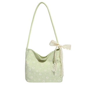 Light green plaid canvas shoulder bag with daisy floral print and lace bow detail