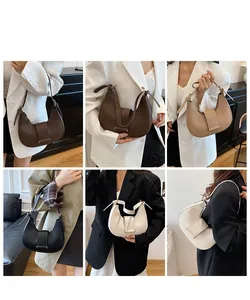Collage of six colors of minimalist crescent shoulder bags styled with chic fall outfits