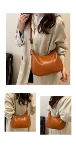 Detail of adjustable strap and polished brown crescent moon bag shown from various angles