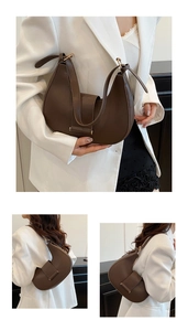 Detailed views of a dark brown half-moon shoulder bag with an adjustable strap