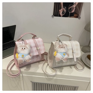 Women Checkered Mini Backpack PU Leather Cute Bear Pendant Multi Way School Travel Shoulder Handbag Sweet Fashion