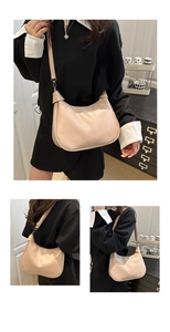 Three views of a beige half-moon hobo bag showing crossbody and shoulder style on a model