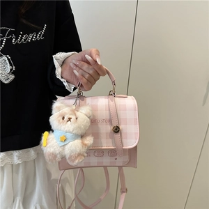 Pink and white checkered mini backpack with teddy bear charm and top handle