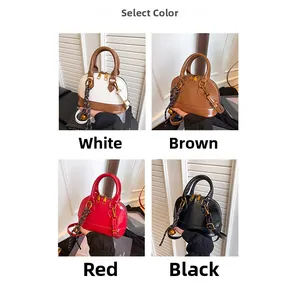 Four colors of mini shell bags in white, brown, red and black with decorative scarves