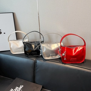 Women Glossy PU Leather Small Square Bag Fashion Chain Shoulder Crossbody Bag Trendy Minimalist Solid Color Handbag Daily Party