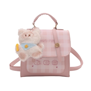 Pink checkered backpack with cute bear pendant and adjustable straps for women