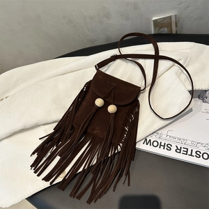 Sac Bandoulière À Franges Pour Femmes Suédine Pampilles Sac À Épaule Perles En Bois Bohème Rétro Couleur Unie Petit Sac