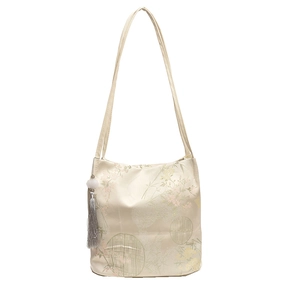 Classic Chinese style bucket bag with floral and bamboo prints and grey silk tassels