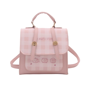 Pink and white plaid backpack with cute cartoon puppy print and top handle for women