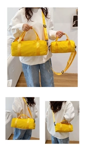 Dettaglio borse a cilindro in nylon giallo in due dimensioni con tracolla regolabile