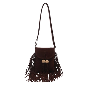 Sac bandoulière vintage marron foncé en daim avec longues franges et perles en bois
