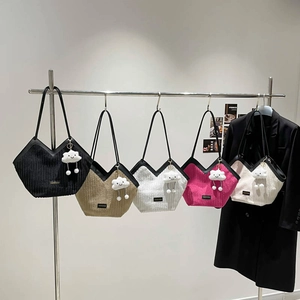 Women Corduroy Tote Bag Contrast Color V Opening Shoulder Bag With Cloud Plush Pendant Casual Shopping Underarm Bag