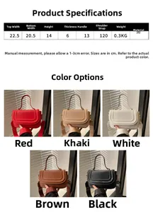 Tableau des tailles détaillé pour sac bandoulière en similicuir avec dimensions et couleurs