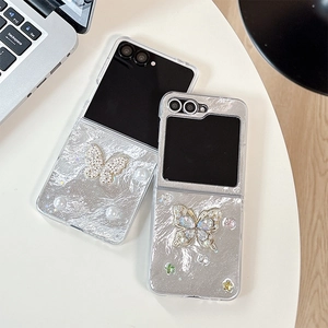 Butterfly Rhinestone Artificial Pearl Samsung Z Flip Phone Case Metallic Tin Foil Texture Luxury Foldable Protective Cover For Women