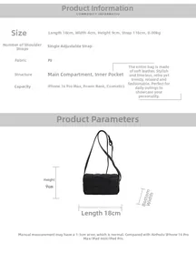 Detailed view of black woven PU leather shoulder bag with dimensions and capacity info