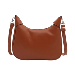 Classic dark brown vegan leather half-moon crossbody bag with silver hardware on white background