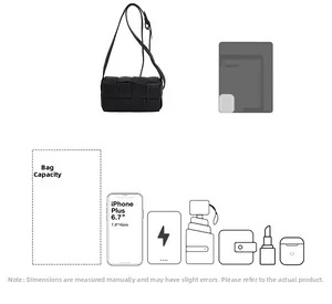 Detail diagram showing black woven crossbody bag capacity for 6.7 inch smartphones