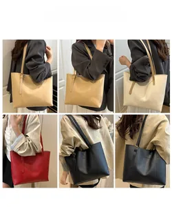 Six views of large capacity PU leather tote bags in various colors with long shoulder straps