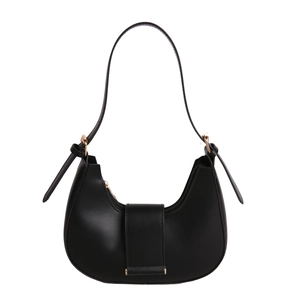 Minimalist black crescent hobo shoulder bag with matte leather finish and gold buckle