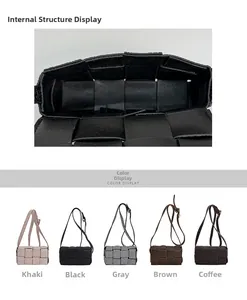 Detail view of woven leather bag interior and multi-color display in five shades
