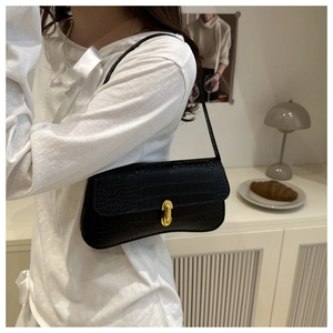 Detail of black crocodile pattern underarm bag with gold lock in a French aesthetic setting
