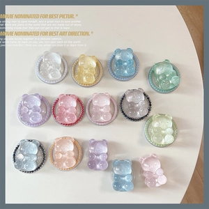 Cute Bear Resin Glitter Phone Grip Holder Magnetic Cell Phone Stand With Imitation Artificial Pearl Border Cartoon 3D Shape For Women