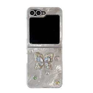 Silver foil folding case for Samsung Z Flip with rhinestone butterfly and pearl accents