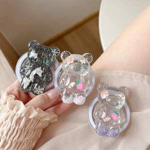 Sparkly bear phone grip socket with flower and strawberry motifs for mobile desktop use
