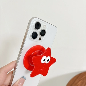 Support de téléphone en cuir rouge en forme d'étoile avec grands yeux et gravure Smile