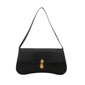 Classic black crocodile pattern shoulder bag with a gold oval metal buckle on white background