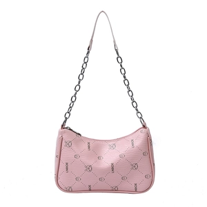 Rosafarbene Schultertasche mit Kette und Comic-Muster auf PU-Leder mit Litchi-Narbung