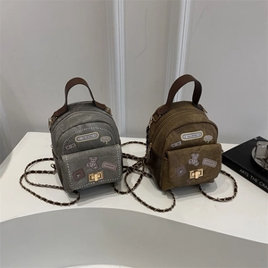 Mini Backpack Shoulder Bag Vintage Denim Canvas With Cute Bear Patch Embroidery Chain Strap Trendy Handbag For Women