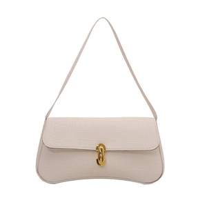 Minimalist off-white baguette shoulder bag with crocodile pattern and golden U-shaped buckle