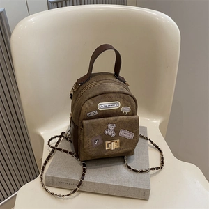 Brown retro canvas backpack and crossbody bag with embroidered patches and chain strap